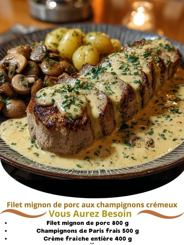 Delicious Pork Filet Mignon with creamy mushrooms served on a plate