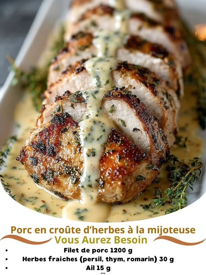 Pork in herb crust cooked in a slow cooker, juicy and flavorful.