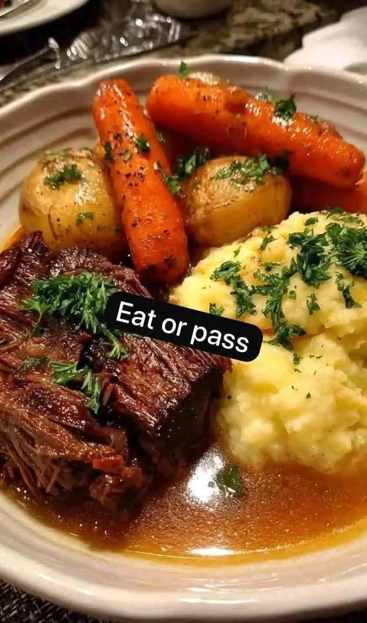 Savory pot roast with potatoes and carrots, cooked to perfection.