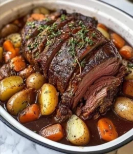 Delicious pot roast served with potatoes and carrots on a rustic wooden table.