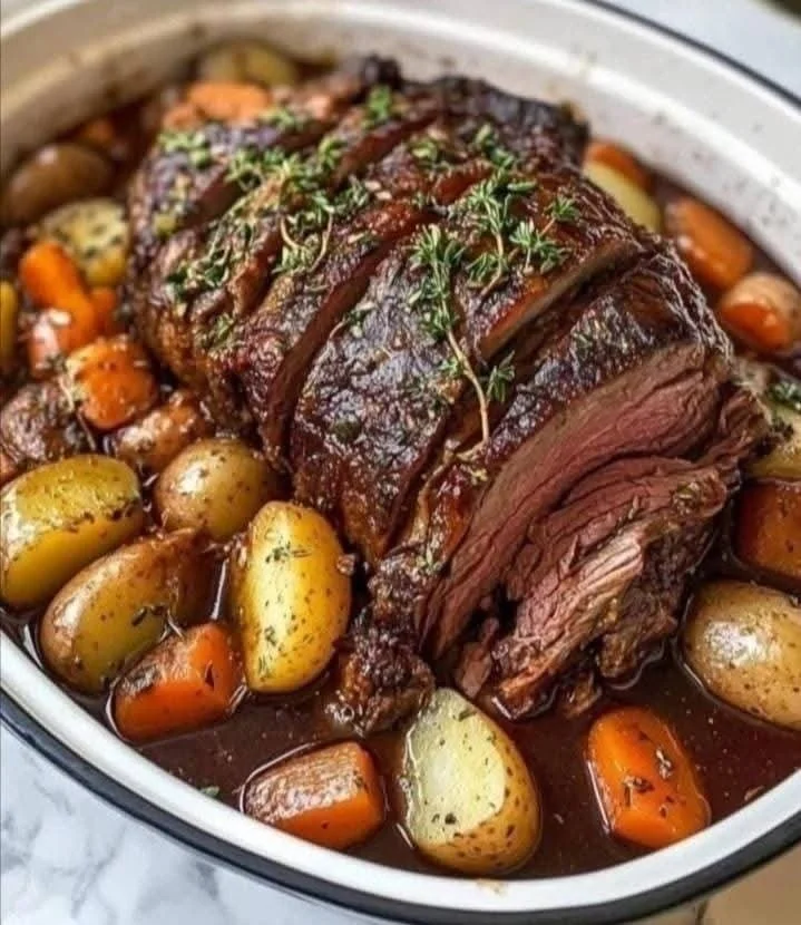Delicious pot roast served with potatoes and carrots on a rustic wooden table.