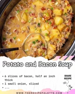 Delicious bowl of creamy Potato Bacon Soup topped with crispy bacon and herbs