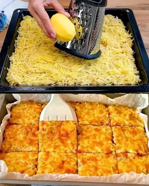 Golden brown Potato and Cheese Squares served on a plate