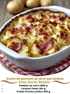 Delicious potato gratin with bacon, creamy layers, and crispy topping.