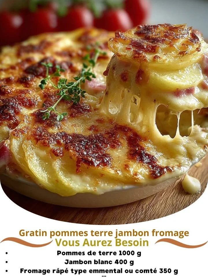 Delicious Potato, Ham, and Cheese Gratin baked to perfection.