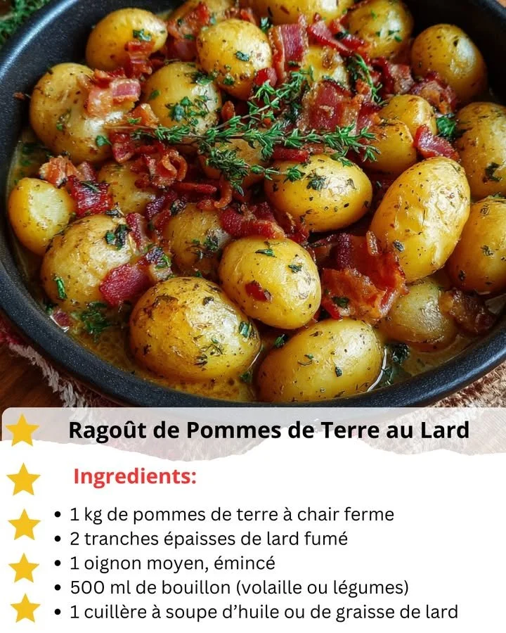 Delicious Potato Ragout with Bacon served in a rustic bowl.