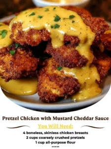 Crispy Pretzel Chicken served with Mustard Cheddar Sauce