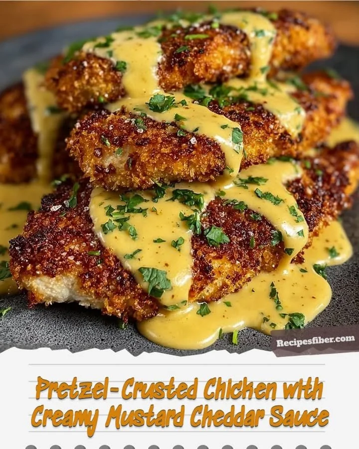 Pretzel-crusted chicken topped with creamy mustard cheddar sauce on a plate.