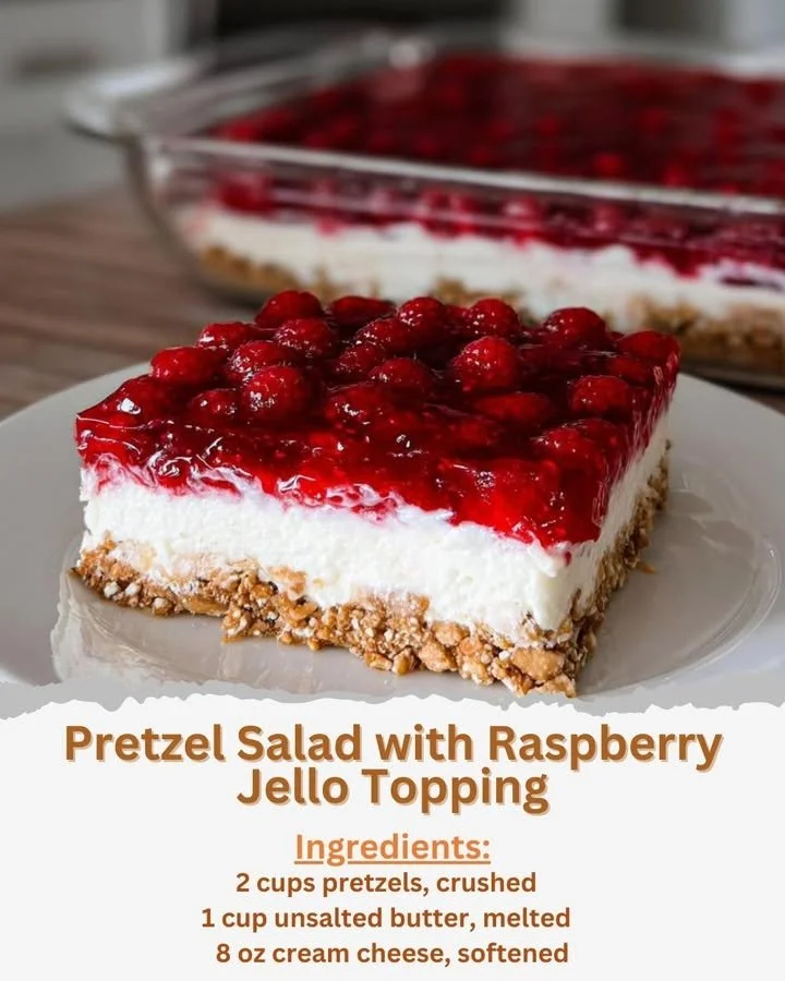 Delicious pretzel salad topped with raspberry Jello, perfect for dessert.