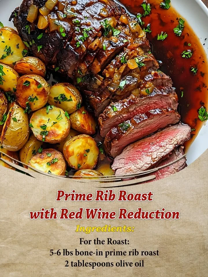 Prime rib roast served with red wine reduction on a stylish platter