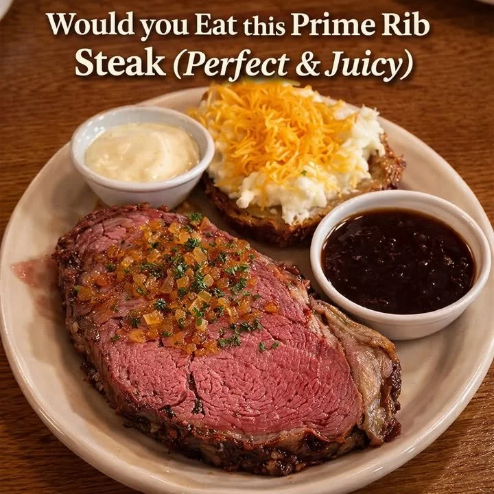 Perfectly cooked prime rib steak, juicy and flavorful, served on a plate