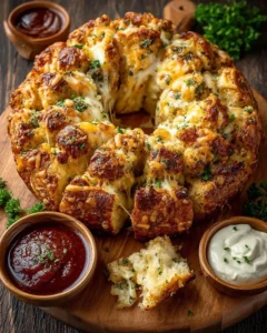 Pull-Apart Cheesy Bread Wreath with three dipping sauces