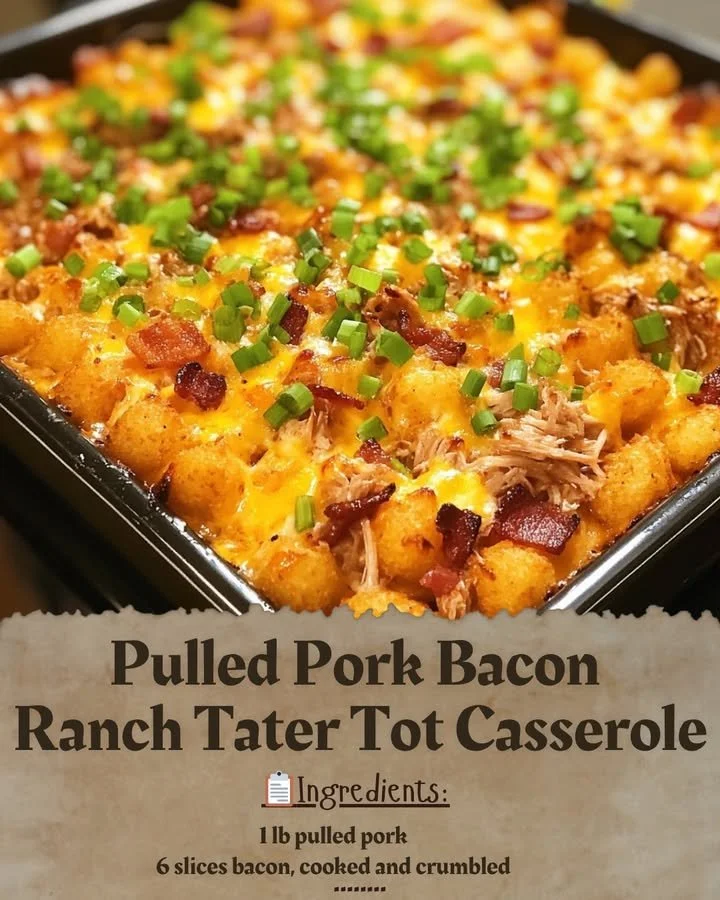 Delicious pulled pork bacon ranch tater tot casserole topped with cheese