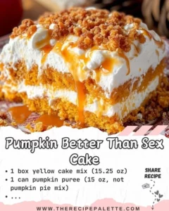 Slice of Pumpkin Better Than Sex Cake with cream topping and fall decorations