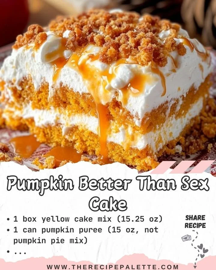 Slice of Pumpkin Better Than Sex Cake with cream topping and fall decorations