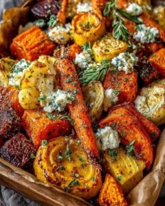 Pumpkin Carrot Bake with whipped feta and maple walnuts served in a dish