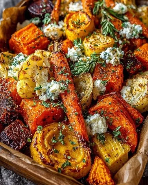 Pumpkin Carrot Bake with whipped feta and maple walnuts served in a dish