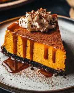 Delicious slice of pumpkin cheesecake topped with whipped cream and spices