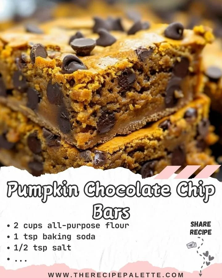 Homemade pumpkin chocolate chip bars on a wooden table