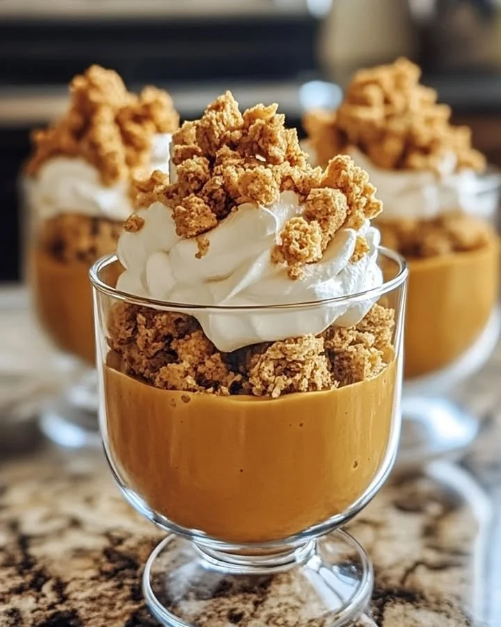 Delicious Pumpkin Crunch Parfaits layered with pumpkin, cream, and crunchy toppings