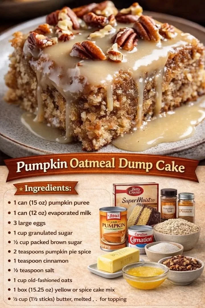 Pumpkin Oatmeal Dump Cake, a delicious fall dessert made with pumpkin and oats.