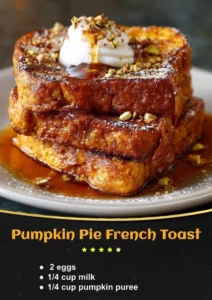 Delicious Pumpkin Pie French Toast topped with whipped cream and spices.