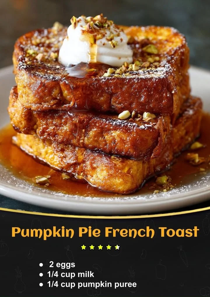 Delicious Pumpkin Pie French Toast topped with whipped cream and spices.