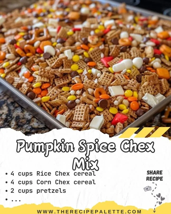 Bowl of homemade Pumpkin Spice Chex Mix with fall decorations