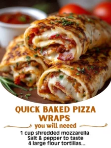 Photo of quick baked pizza wraps with melted cheese and toppings on a plate.