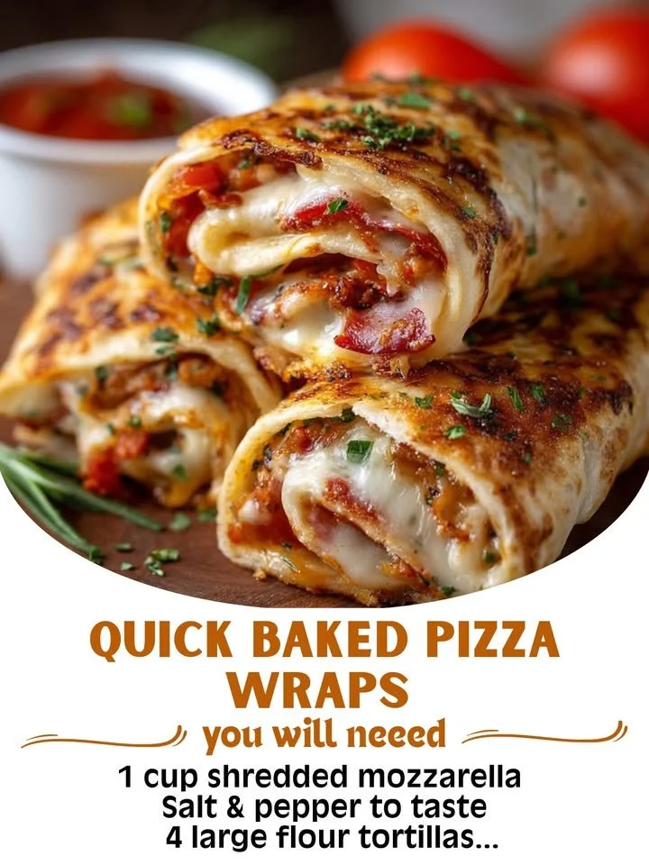 Photo of quick baked pizza wraps with melted cheese and toppings on a plate.