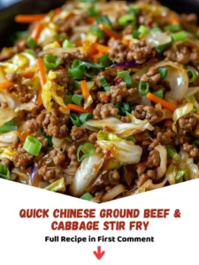 Quick Chinese ground beef stir fry with cabbage in a skillet