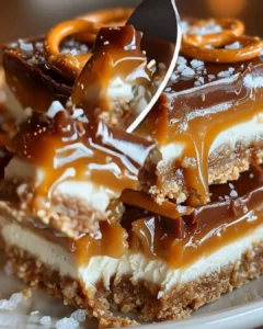 Delicious no-bake salted caramel pretzel bars topped with sea salt