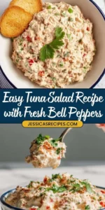 Bowl of quick tuna salad with fresh vegetables and dressing