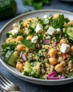 Delicious Quinoa Chickpea Salad with fresh vegetables and herbs