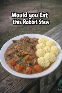 Hearty rabbit stew garnished with fresh herbs and vegetables