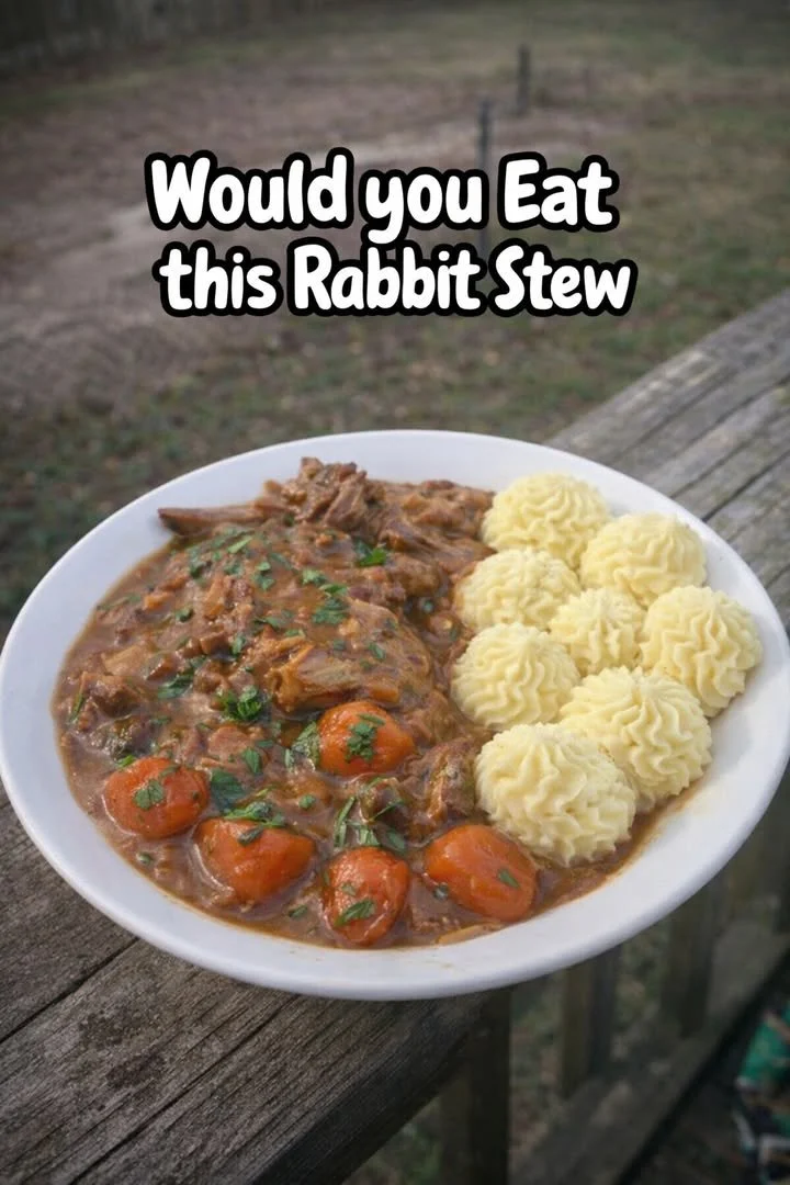 Delicious bowl of homemade rabbit stew with vegetables and herbs