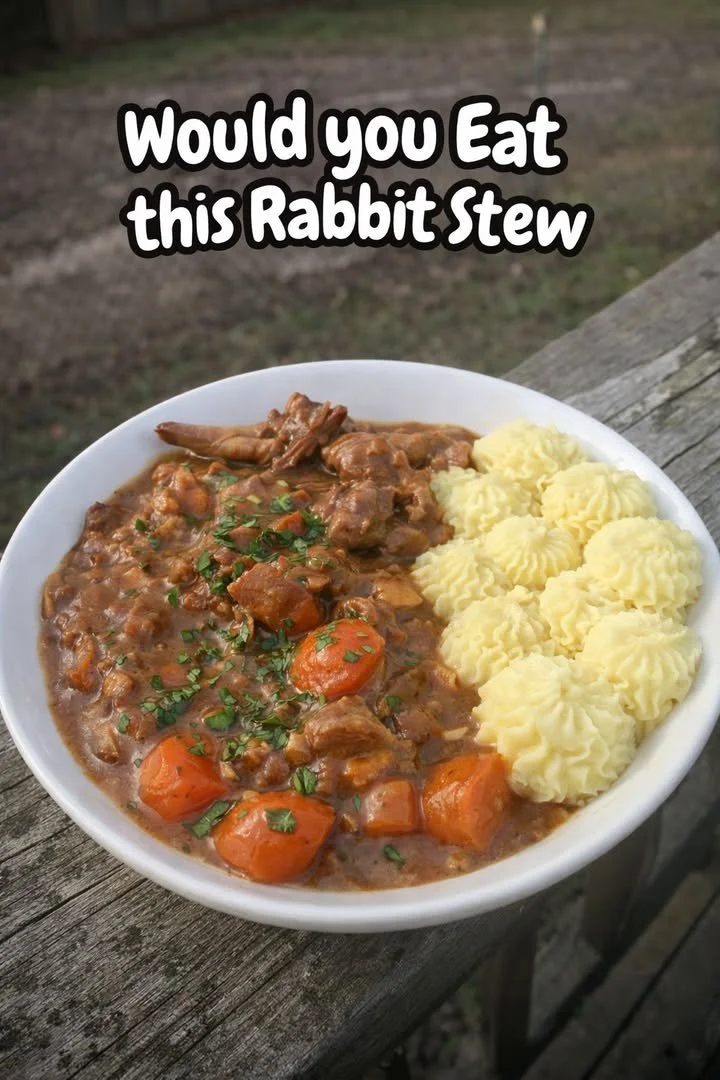Delicious homemade rabbit stew in a rustic bowl with fresh herbs
