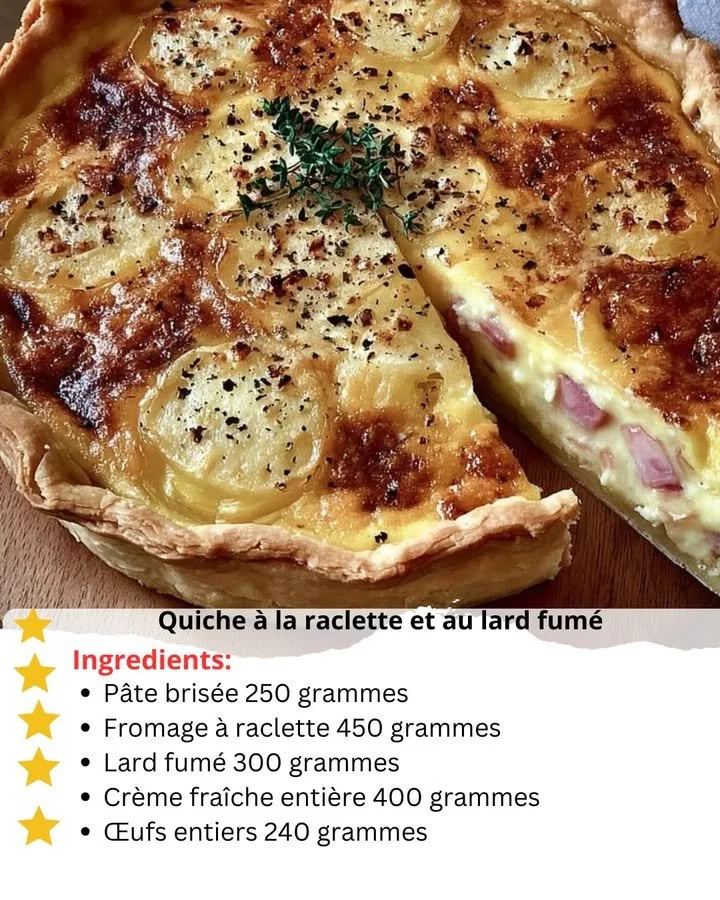 Delicious Raclette and Smoked Bacon Quiche served warm on a plate