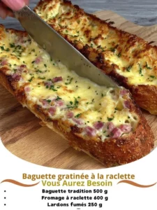 Delicious raclette-covered baguette with melted cheese and crispy crust.