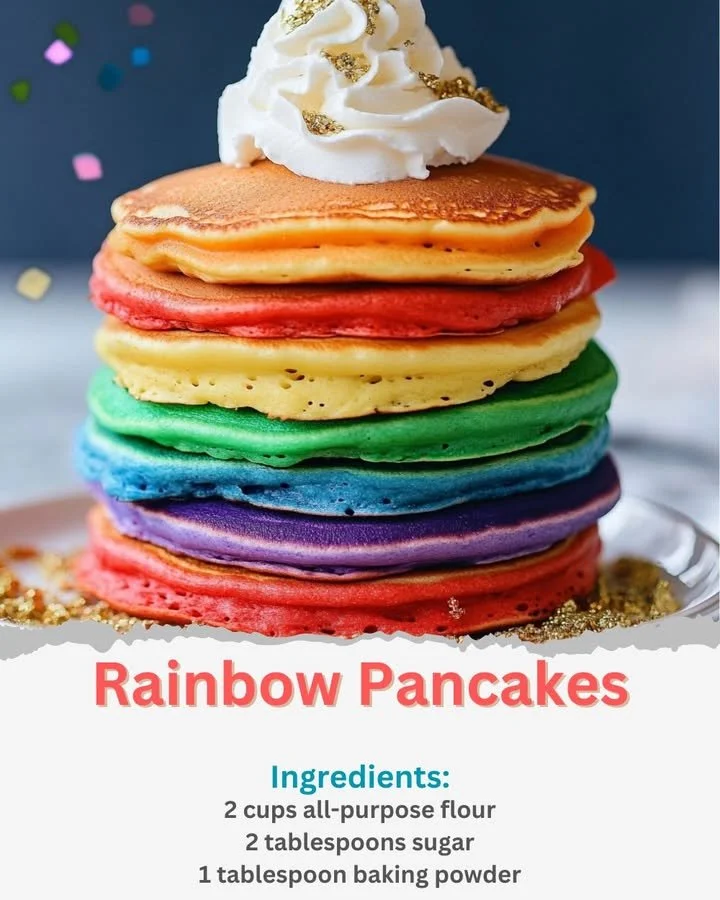 Colorful rainbow pancakes stacked on a plate, perfect for breakfast.