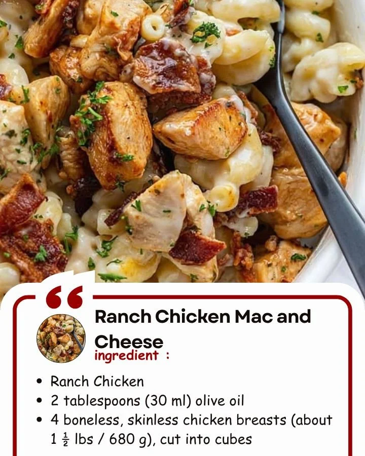 Creamy Ranch Chicken Mac and Cheese with chicken and cheese in a bowl