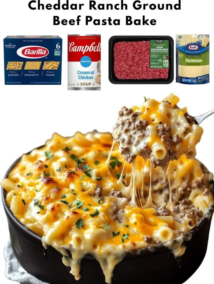 Ranch ground beef pasta bake topped with cheese and herbs in a baking dish
