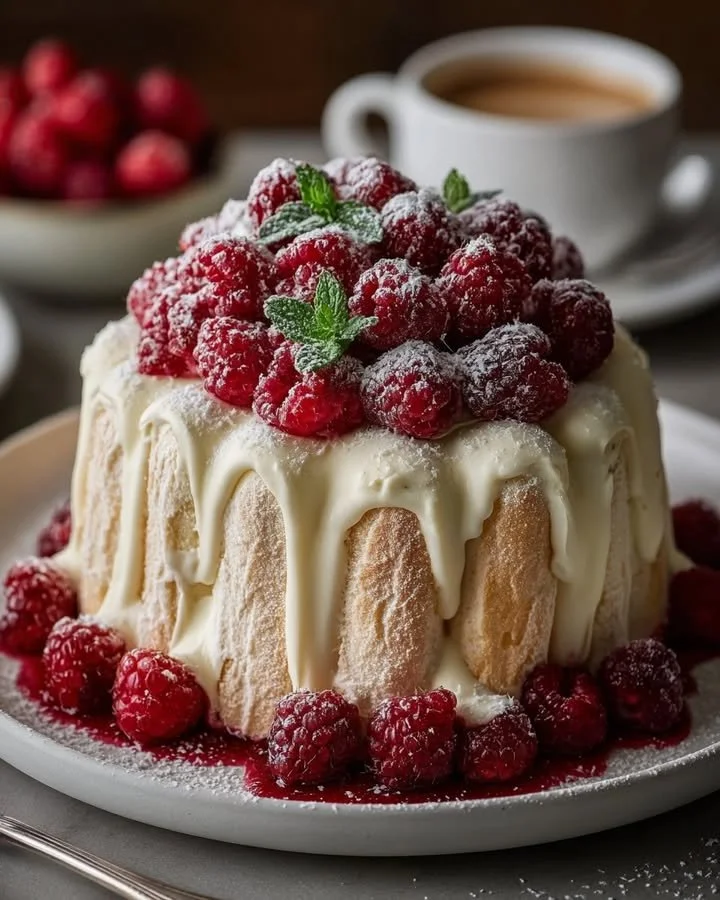 Raspberry Charlotte Dream Cake featuring layers of raspberry and cream
