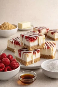 Delicious Raspberry Cheesecake Bars with a creamy texture and fresh raspberry topping