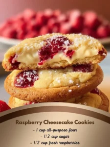 Delicious raspberry cheesecake cookies with a creamy filling and fresh raspberries.