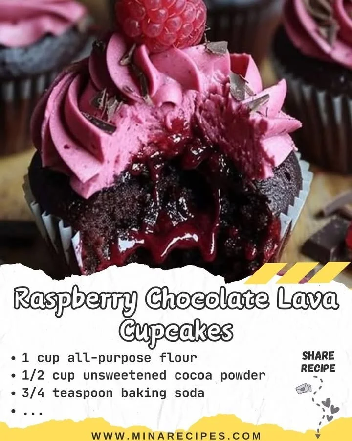 Raspberry Chocolate Lava Cupcakes with chocolate sauce oozing from the center