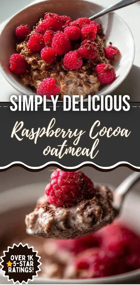 Bowl of Raspberry Cocoa Oatmeal topped with fresh raspberries and cocoa powder
