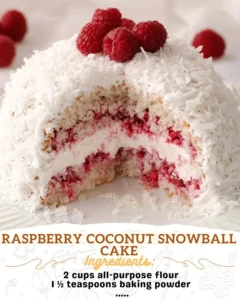Decadent Raspberry Coconut Snowball Cake topped with coconut flakes and fresh raspberries.