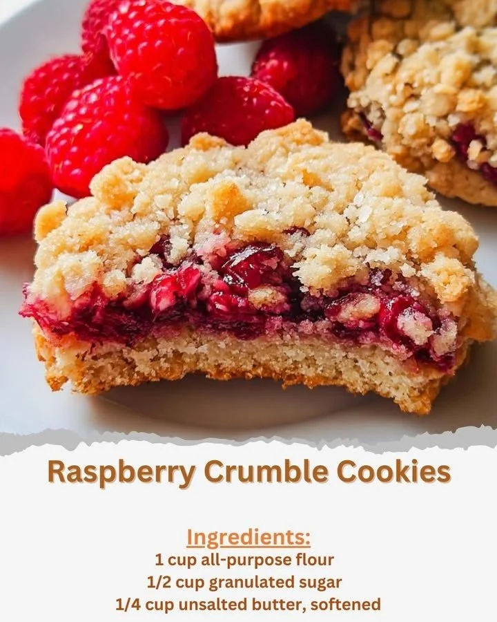 Plate of freshly baked raspberry crumble cookies with a golden topping