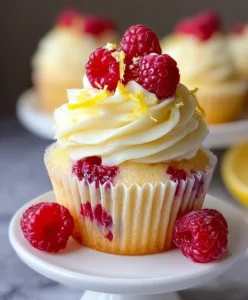 Raspberry Lemon Cupcakes with vibrant frosting and fresh raspberries on top.